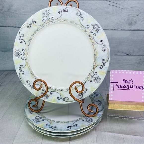 American Atelier FRUIT TOILE 5271 Gray Floral Rim Porcelain Dinner Plate Set 4 - Picture 1 of 16